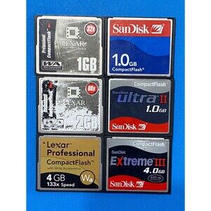 6 Various Brand and Size CF Compact Flash Cards and 2 Carrying Cases